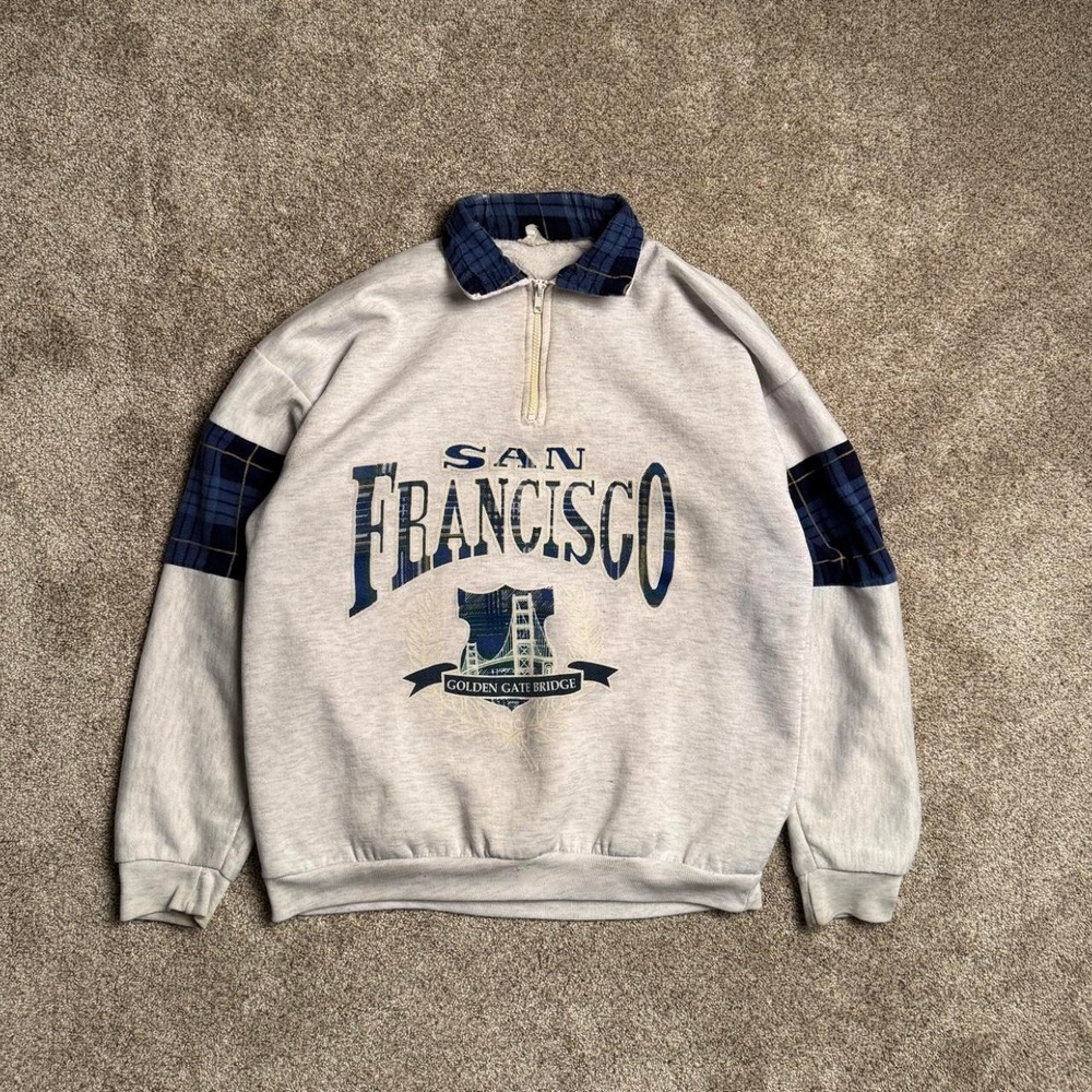 HEATHER GREY "SAN FRANCISCO" PLAID COLOUR BLOCK COLLARED SWEATSHIRT